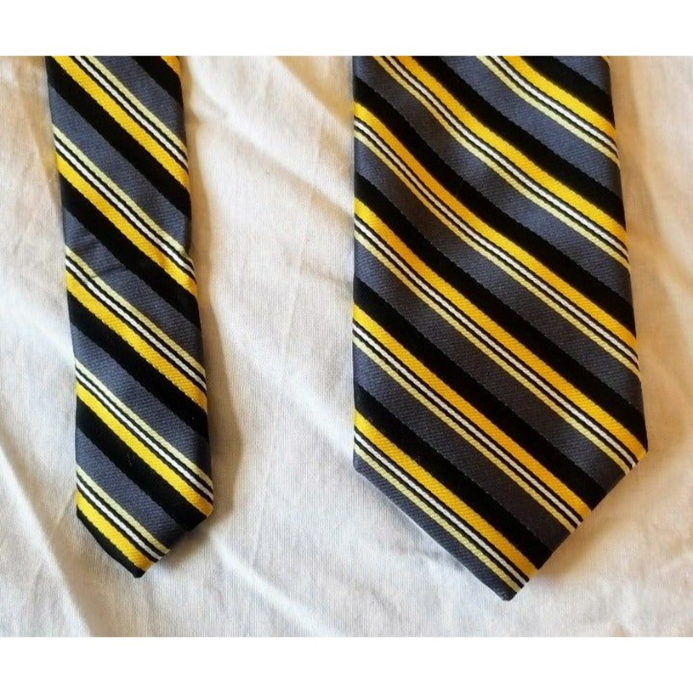 JF J. Ferrar Striped Black Yellow Grey Polyester Tie